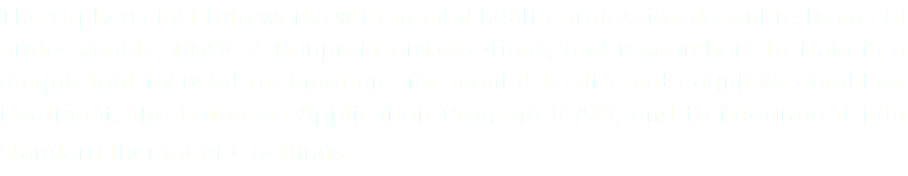 The Orpheus Institute works with mental health professionals, entire teams of professionals, NGOs / Nonprofit organizations, and researchers to train in a unique tool focused on emotions for mental health and cognitive condition treatment, the Catharsis Application Program (CAP), and to integrate it into standard therapeutic settings. 