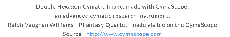 Double Hexagon Cymatic Image, made with CymaScope, an advanced cymatic research instrument. Ralph Vaughan Williams, “Phantasy Quartet” made visible on the CymaScope Source : http://www.cymascope.com