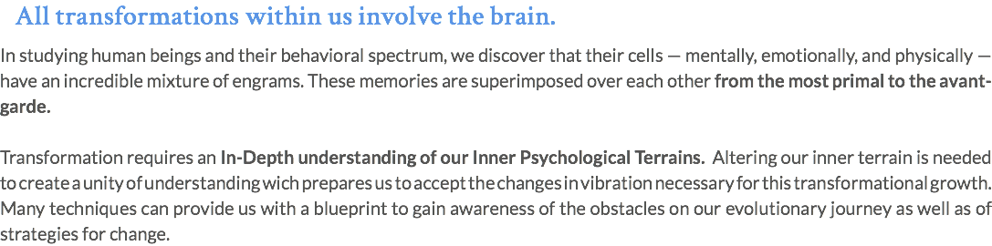 All transformations within us involve the brain. In studying human beings and their behavioral spectrum, we discover that their cells — mentally, emotionally, and physically — have an incredible mixture of engrams. These memories are superimposed over each other from the most primal to the avant-garde. Transformation requires an In-Depth understanding of our Inner Psychological Terrains. Altering our inner terrain is needed to create a unity of understanding wich prepares us to accept the changes in vibration necessary for this transformational growth. Many techniques can provide us with a blueprint to gain awareness of the obstacles on our evolutionary journey as well as of strategies for change.